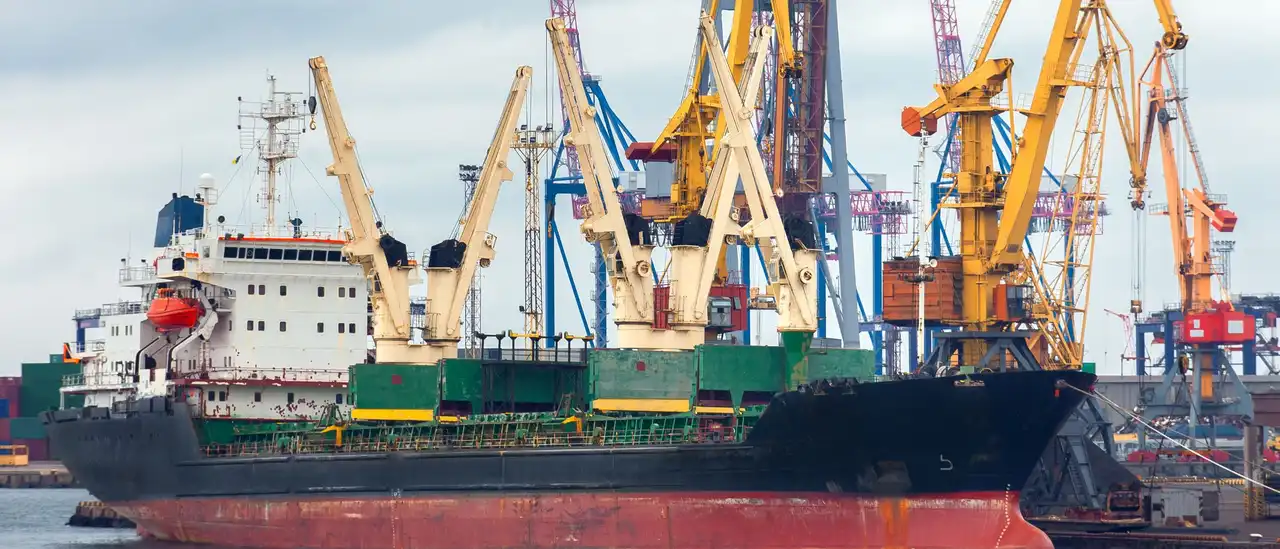 A bulk carrier docked at a busy port being loaded by multiple cranes