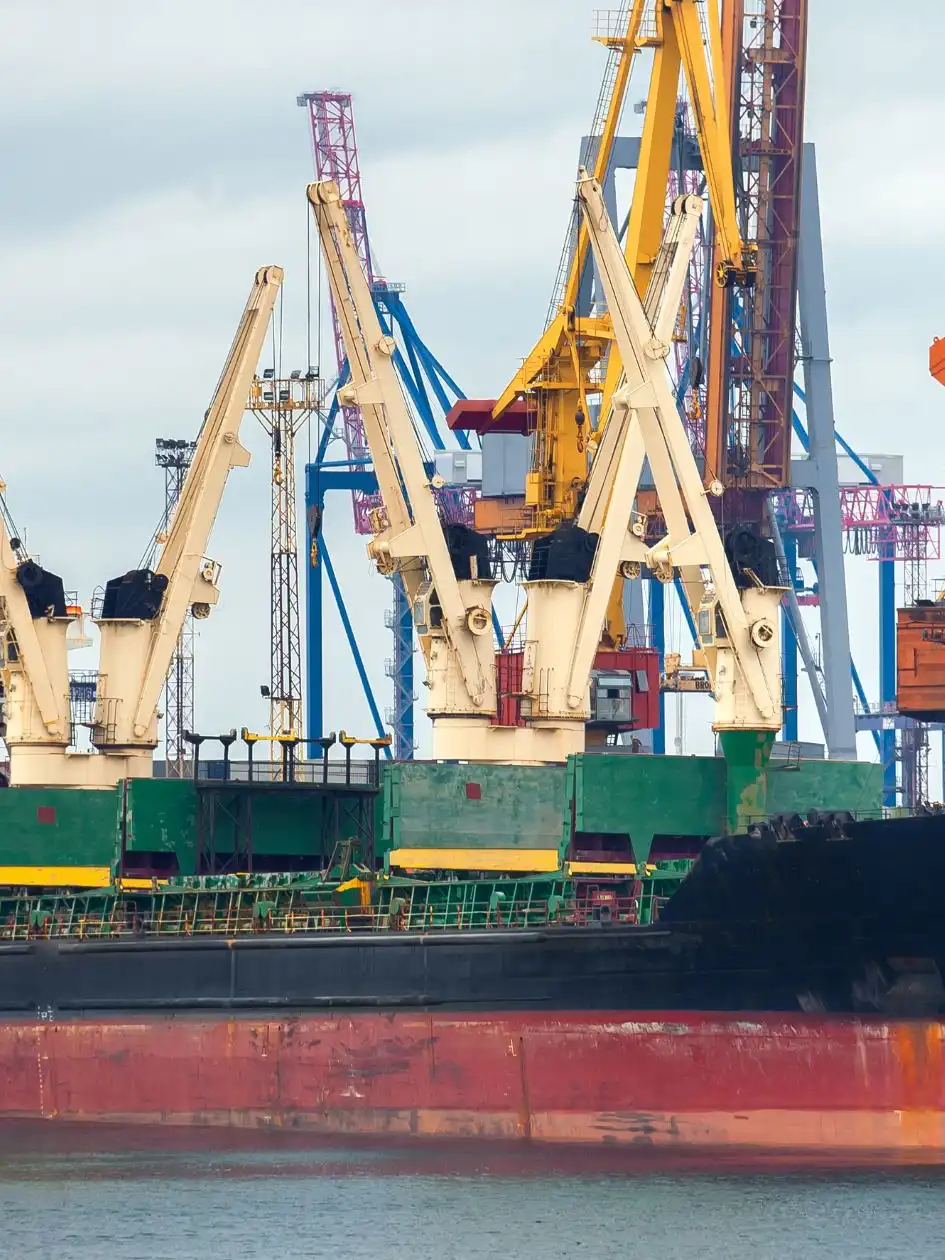 A bulk carrier docked at a busy industrial port with loading cranes