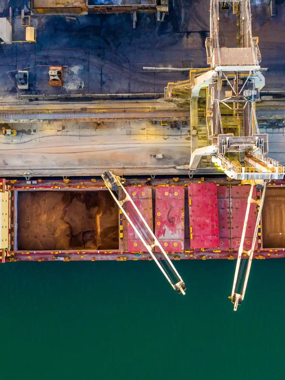 Aerial view of a bulk carrier with open holds and shore cranes loading grain