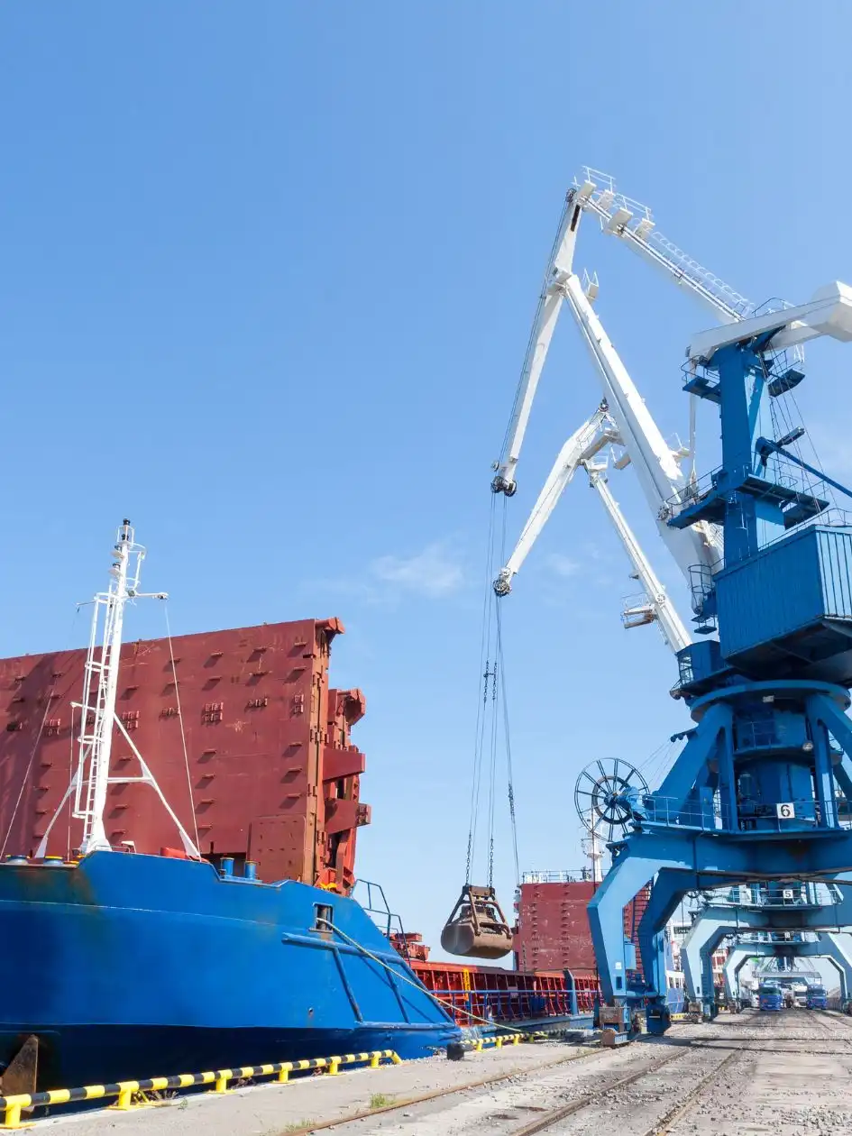 A bulk carrier with deck cranes loading granular bulk material at a port