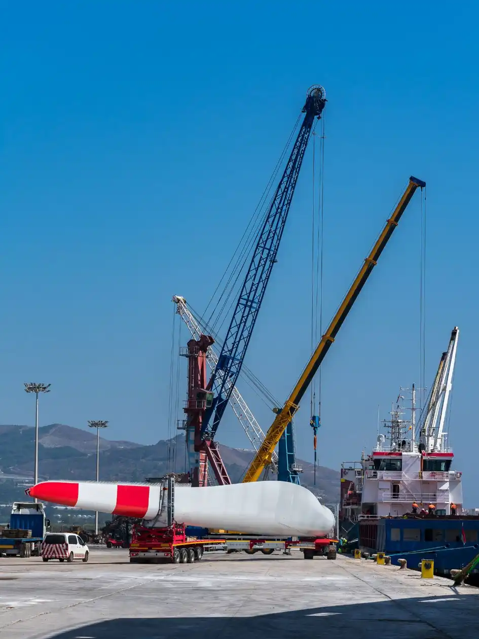 A wind-turbine blade on a red trailer at a break-bulk port, with dock cranes and a moored vessel in the background