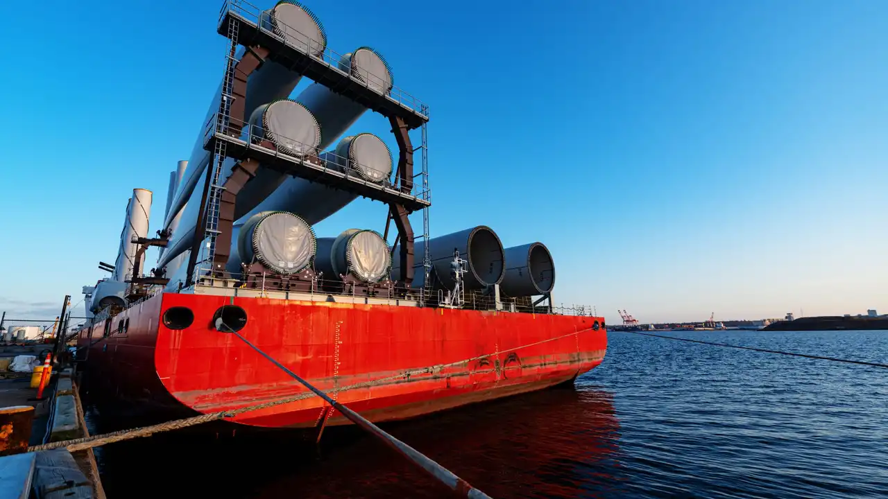 A ship loaded with large cylindrical project-cargo units moored at a harbour