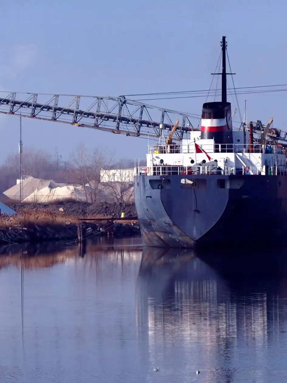 A bulk carrier at an industrial port with a conveyor over a light-coloured pile