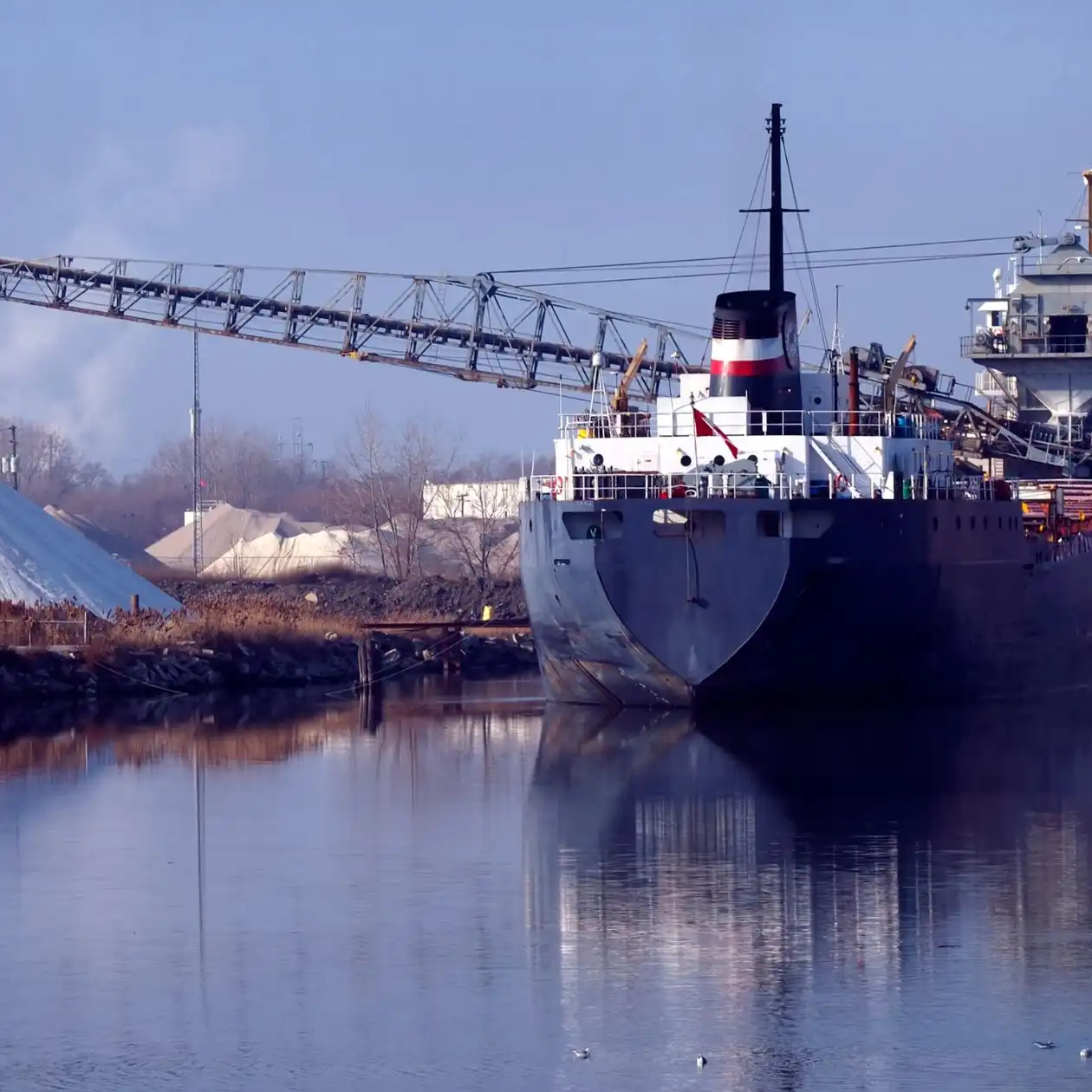 A bulk carrier at an industrial port with a conveyor over a light-coloured pile