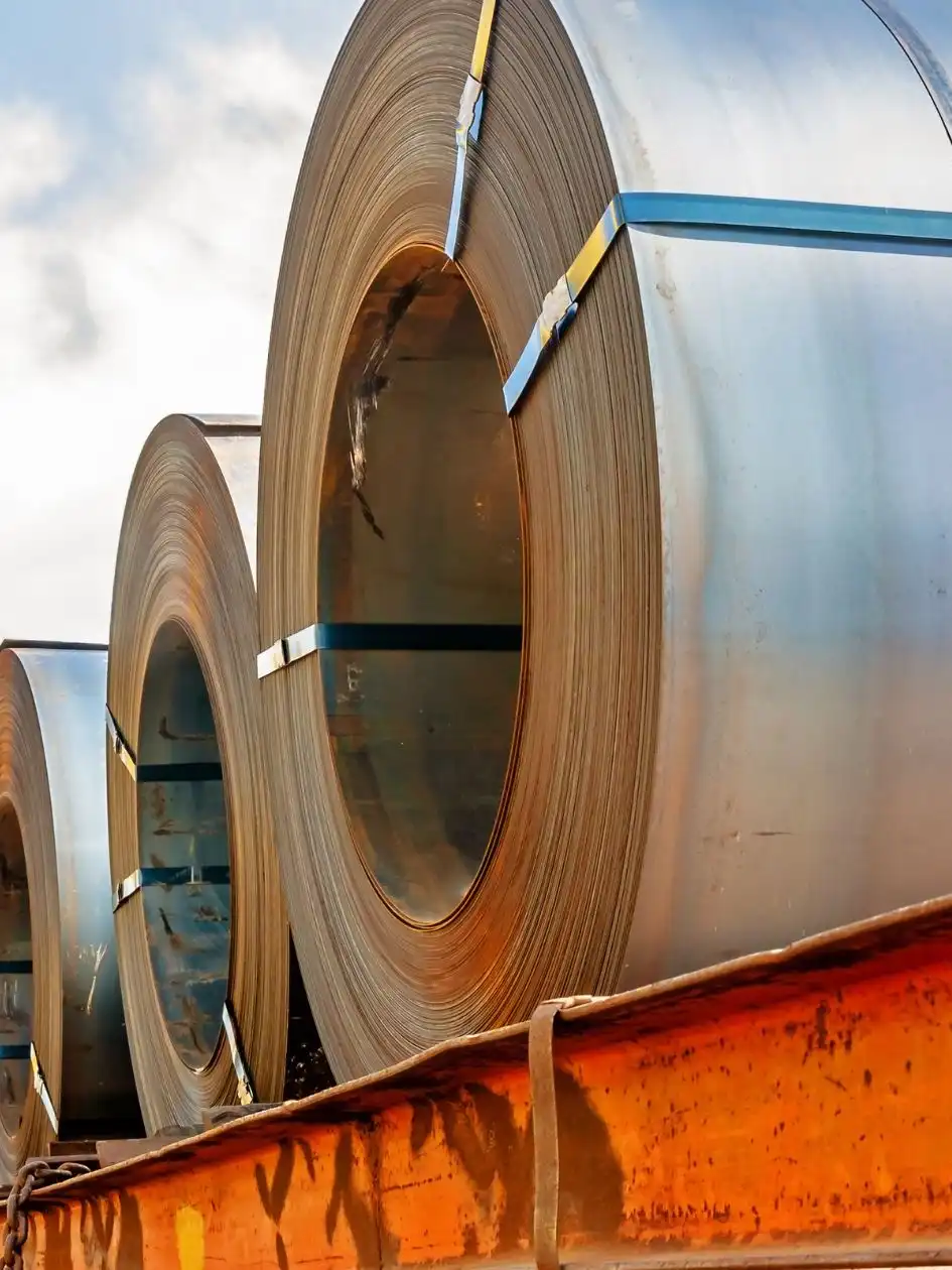 Rolls of steel coils lined up on a quay under a clear sky